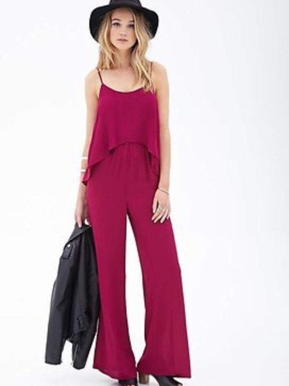 Forever 21 Boho Plum Sheet Cutout Back Flounced Chiffon Jumpsuit Romper M